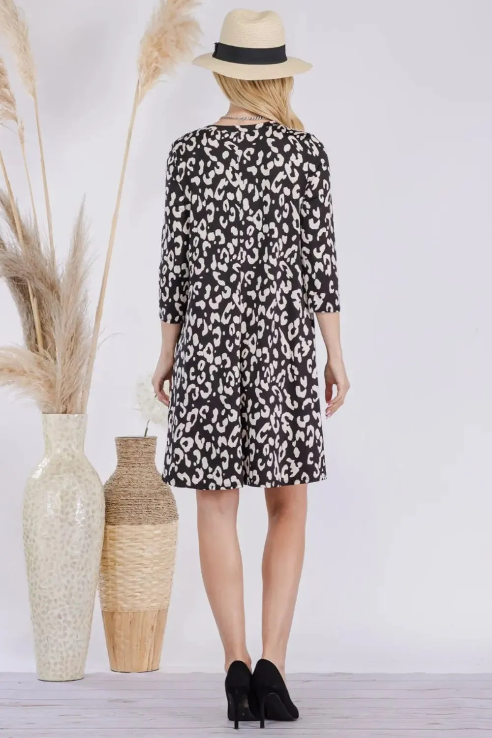 Size Inclusive Leopard Three-Quarter Sleeve Dress with Pockets