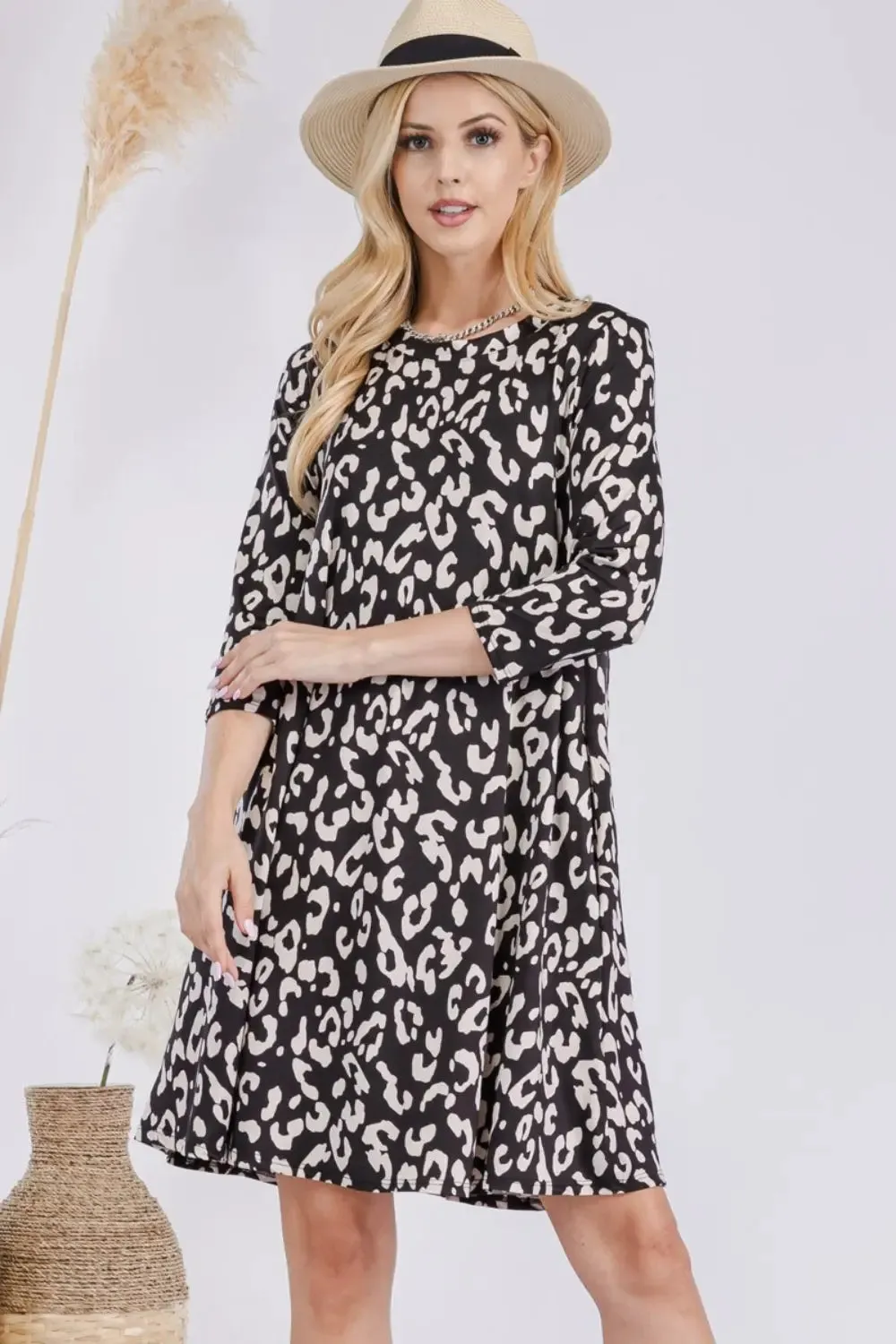 Size Inclusive Leopard Three-Quarter Sleeve Dress with Pockets