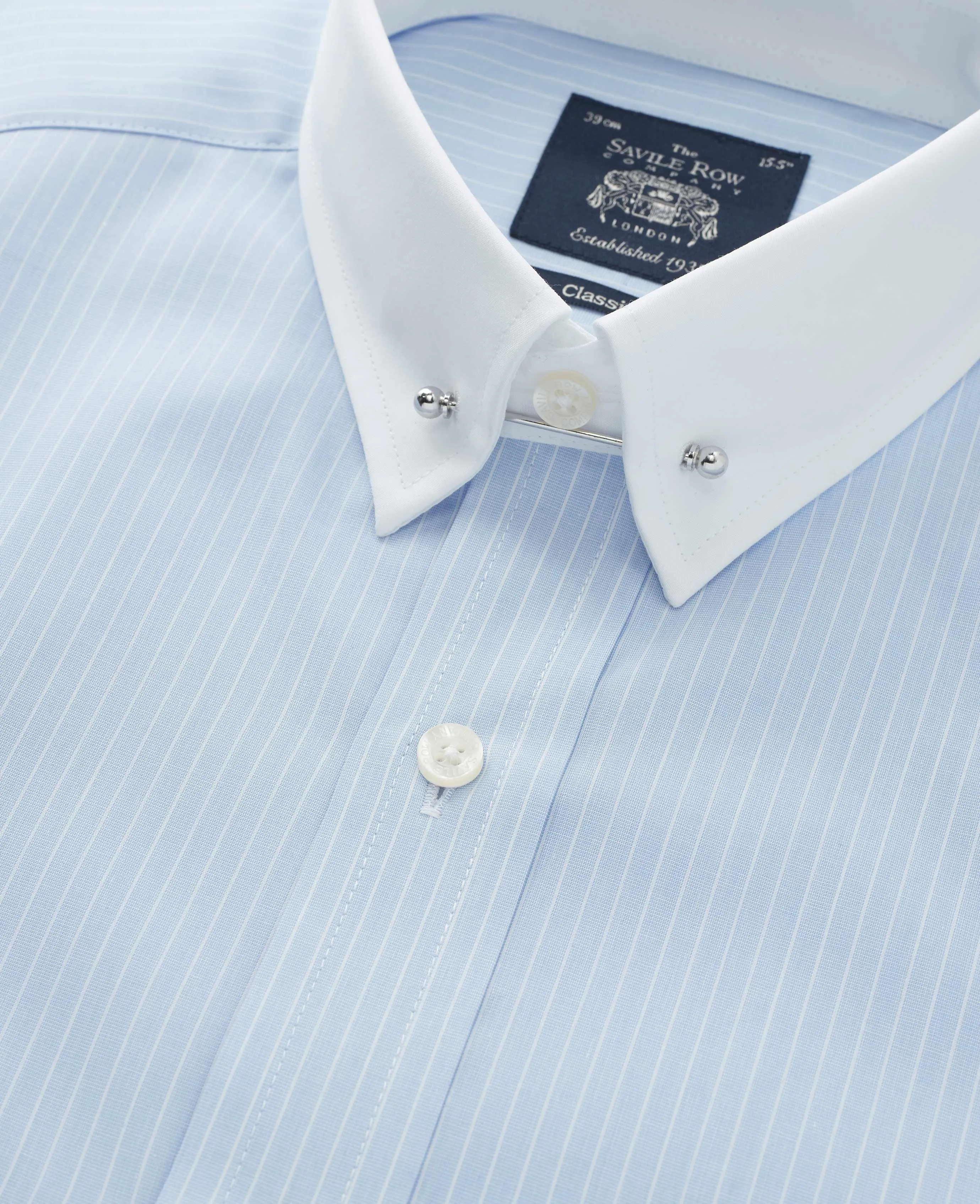 Sky Blue White Stripe Classic Fit Pin Collar Formal Shirt With White Collar & Cuffs - Double Cuff