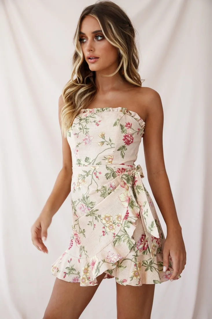 Stacey Frill Bustier Wrap Dress Floral Print Nude