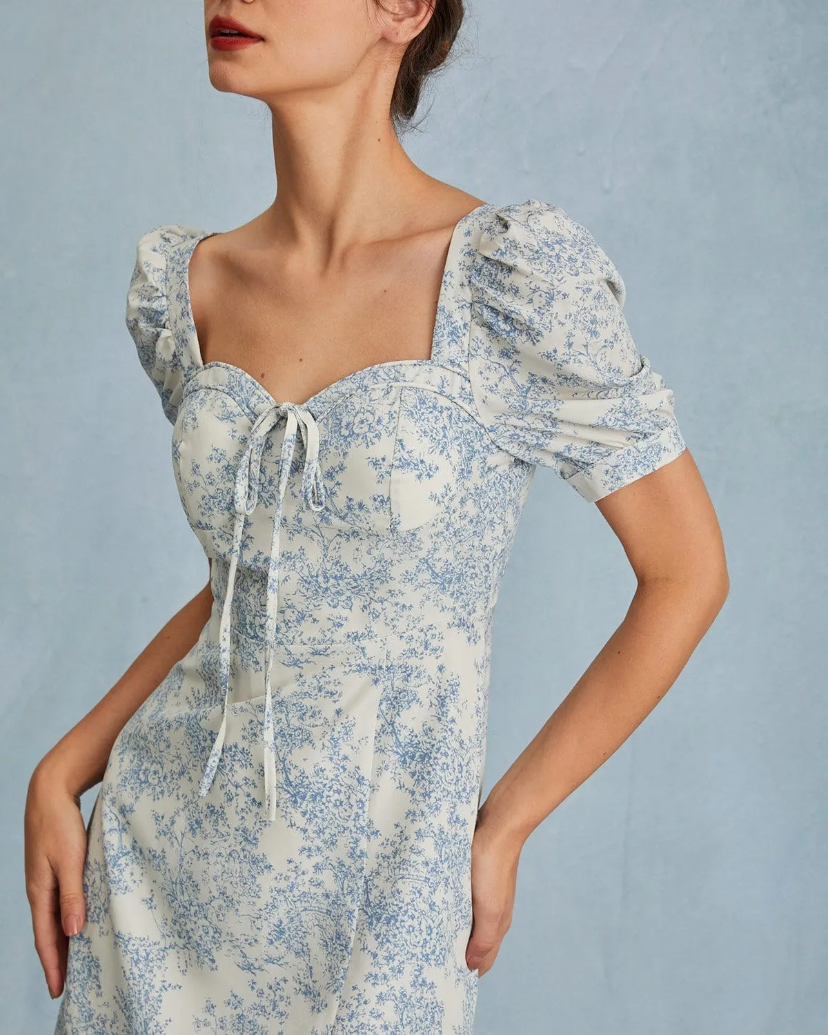 The Blue Sweetheart Neck Puff Sleeve Floral Midi Dress