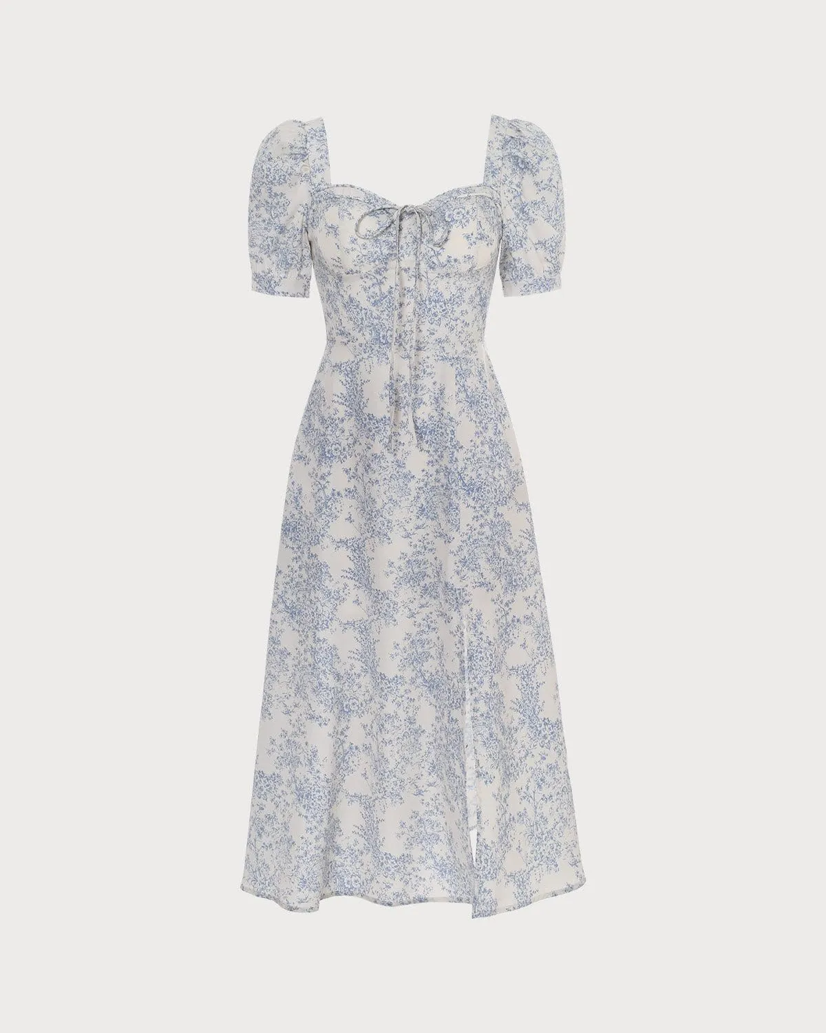 The Blue Sweetheart Neck Puff Sleeve Floral Midi Dress