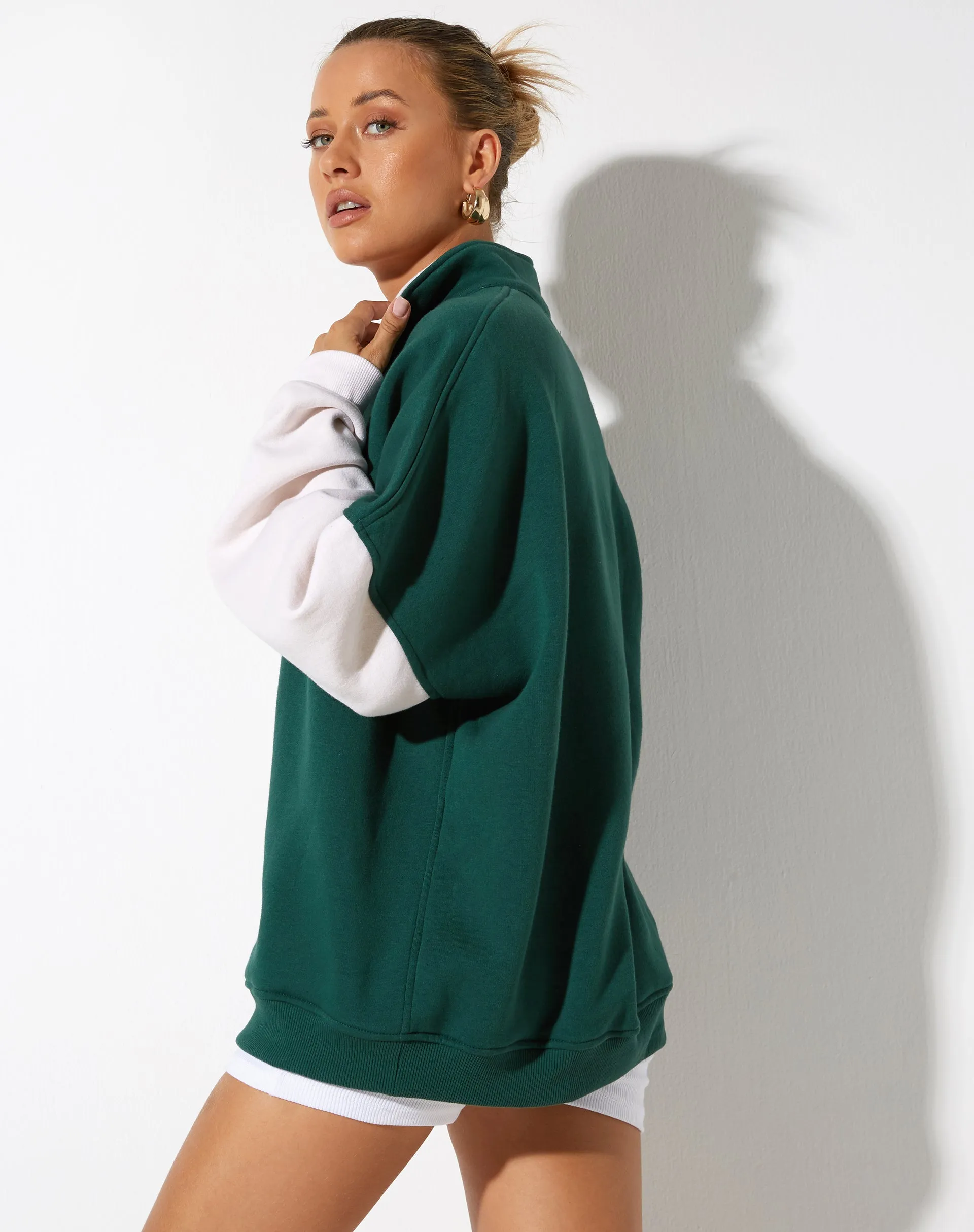 Varsity Oversized Jacket in Forest Green Winter White Sport Society