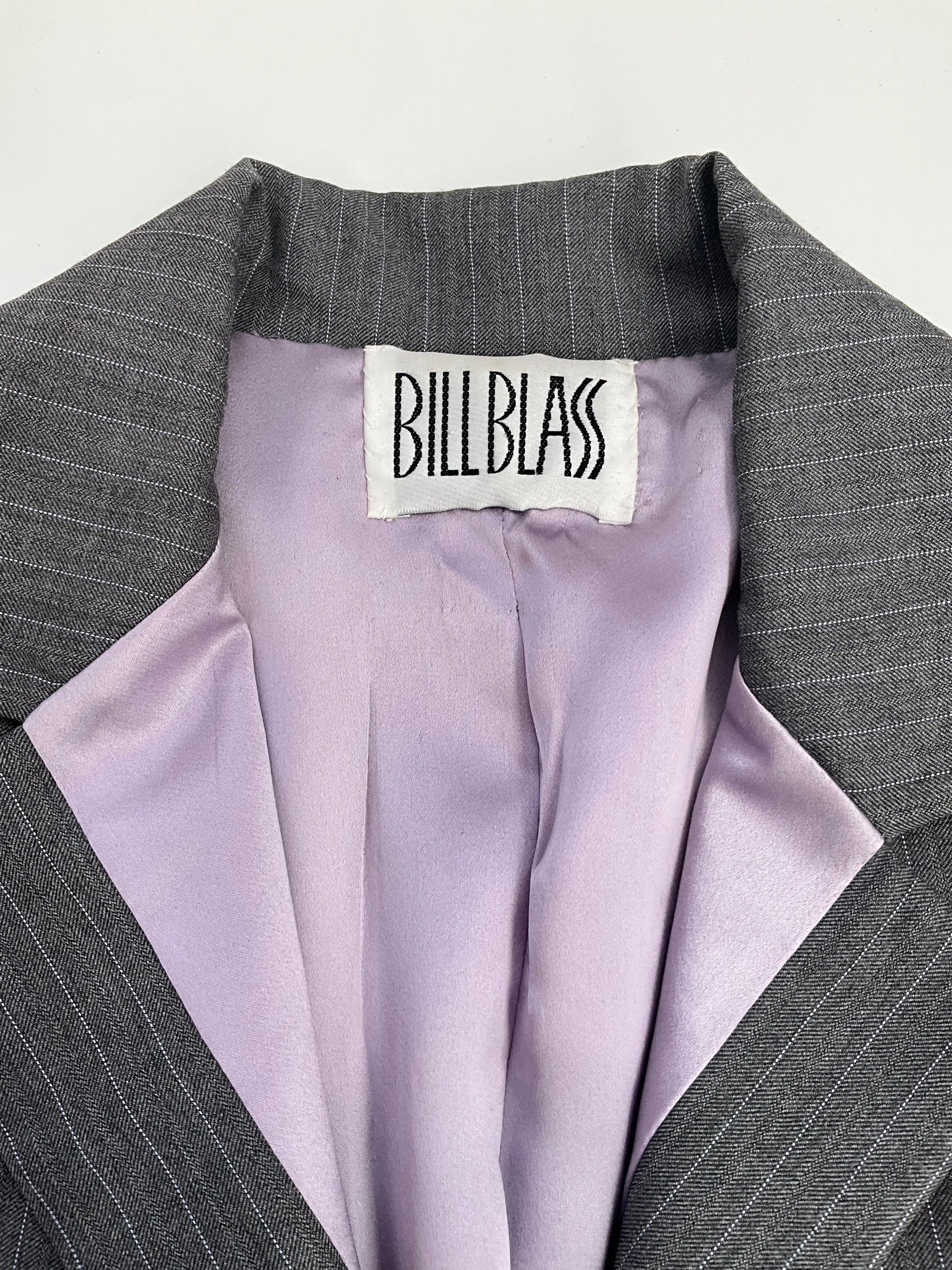 Vintage 1990s Bill Blass Grey Pinstripe Blazer & Lilac Satin Bib, Large