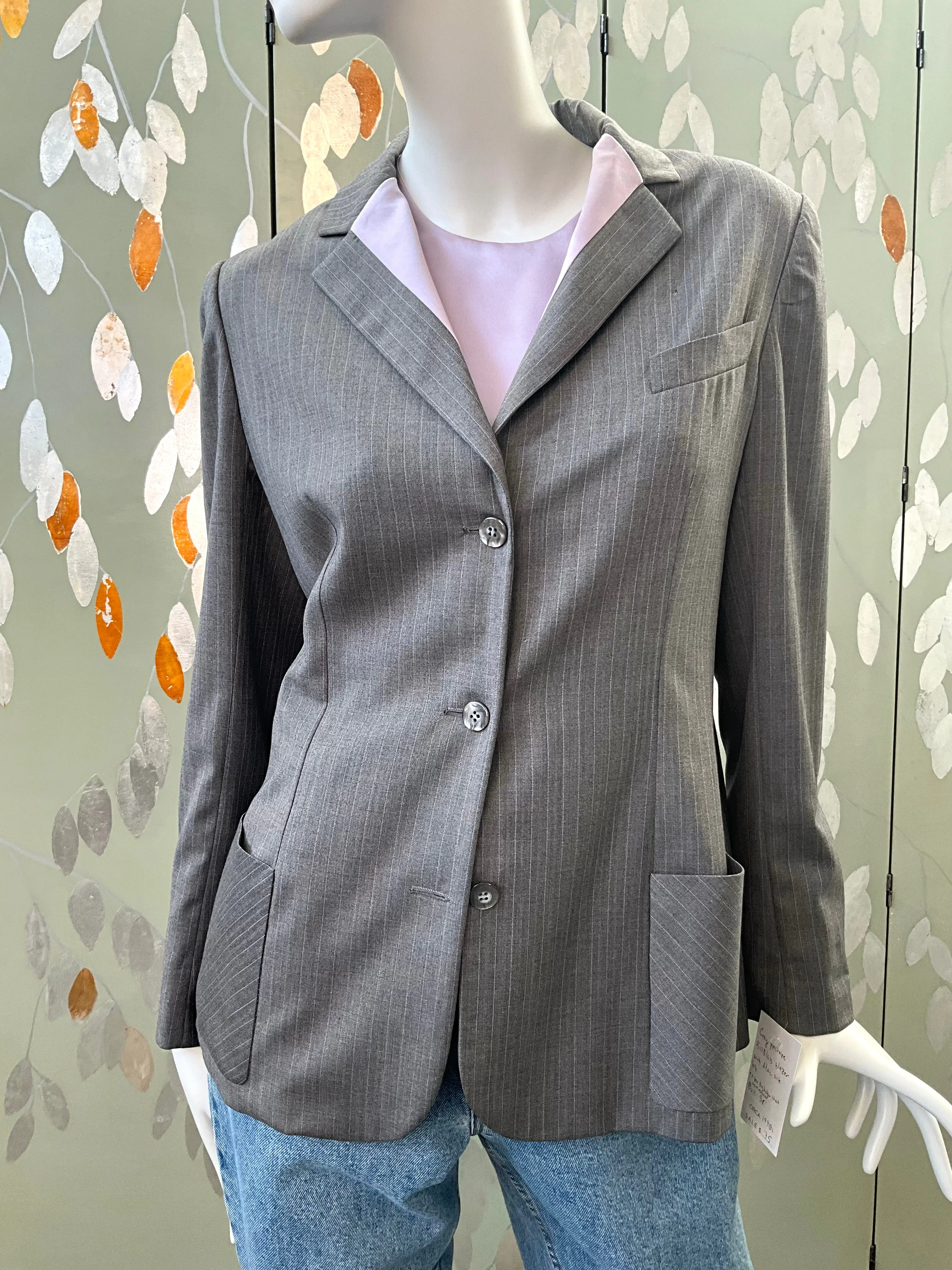 Vintage 1990s Bill Blass Grey Pinstripe Blazer & Lilac Satin Bib, Large