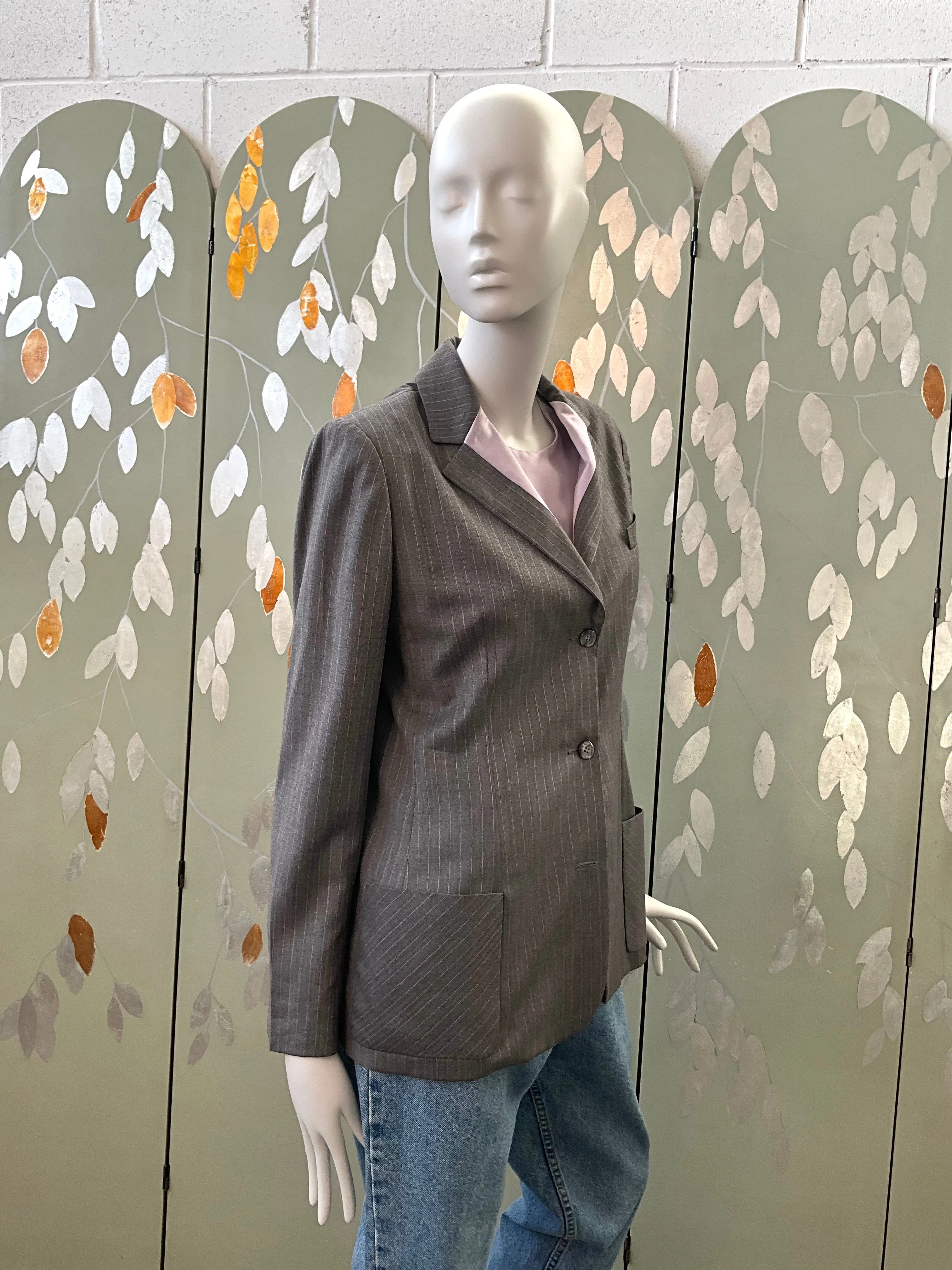 Vintage 1990s Bill Blass Grey Pinstripe Blazer & Lilac Satin Bib, Large