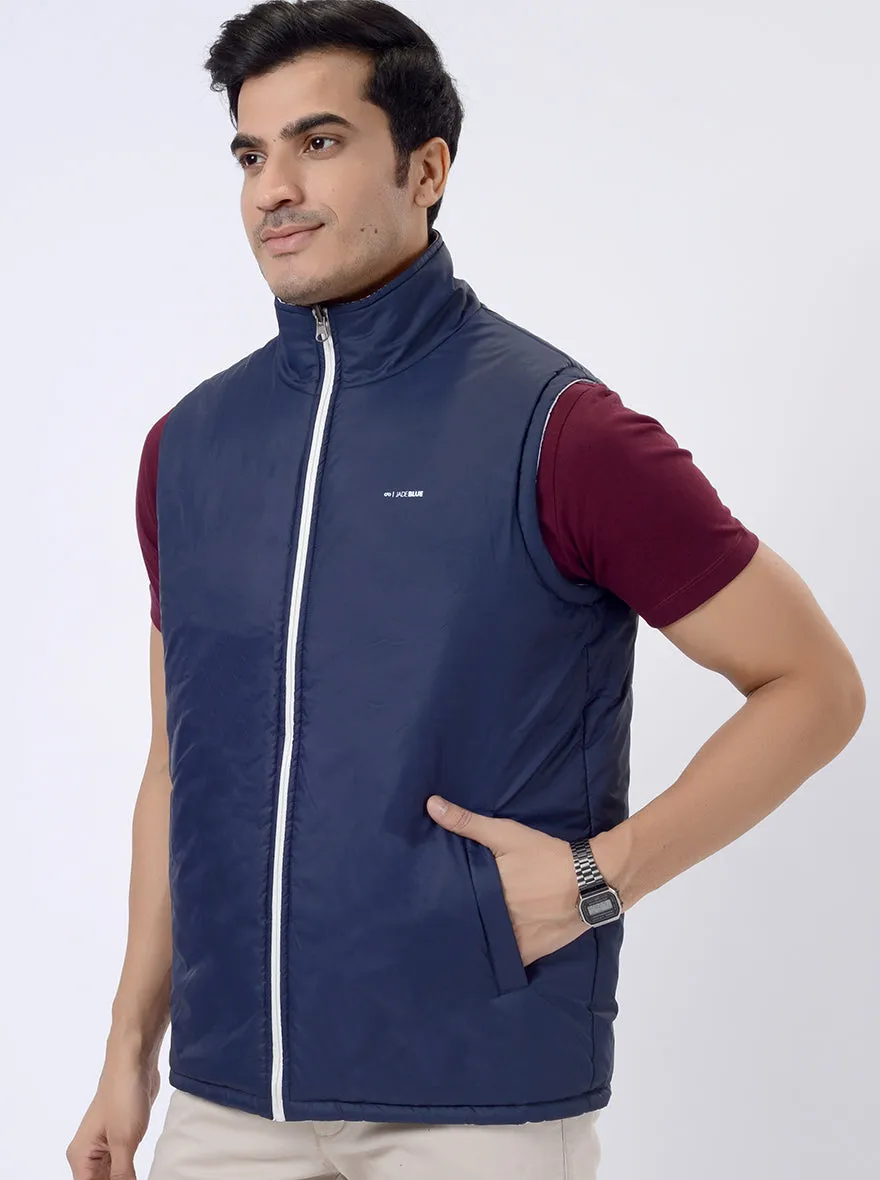 White & Navy Blue Solid Regular Fit Winter Jacket | JadeBlue