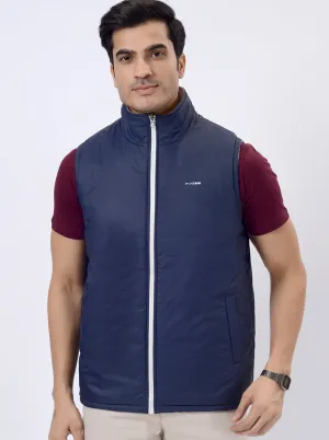 White & Navy Blue Solid Regular Fit Winter Jacket | JadeBlue