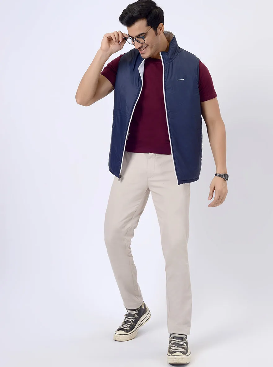 White & Navy Blue Solid Regular Fit Winter Jacket | JadeBlue