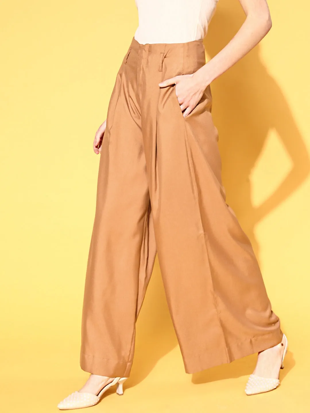 Women Brown High Waist Wide Leg Pants